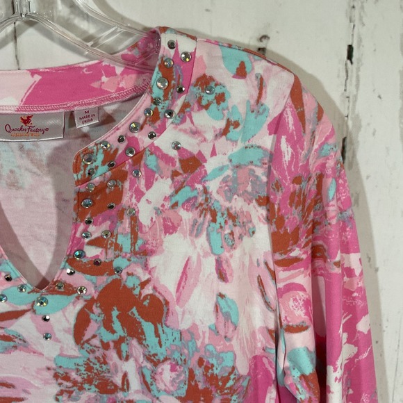 Quacker Factory Top M Pink Floral Embellished 3/4 Sleeve Boho Artsy Watercolor - Picture 4 of 13